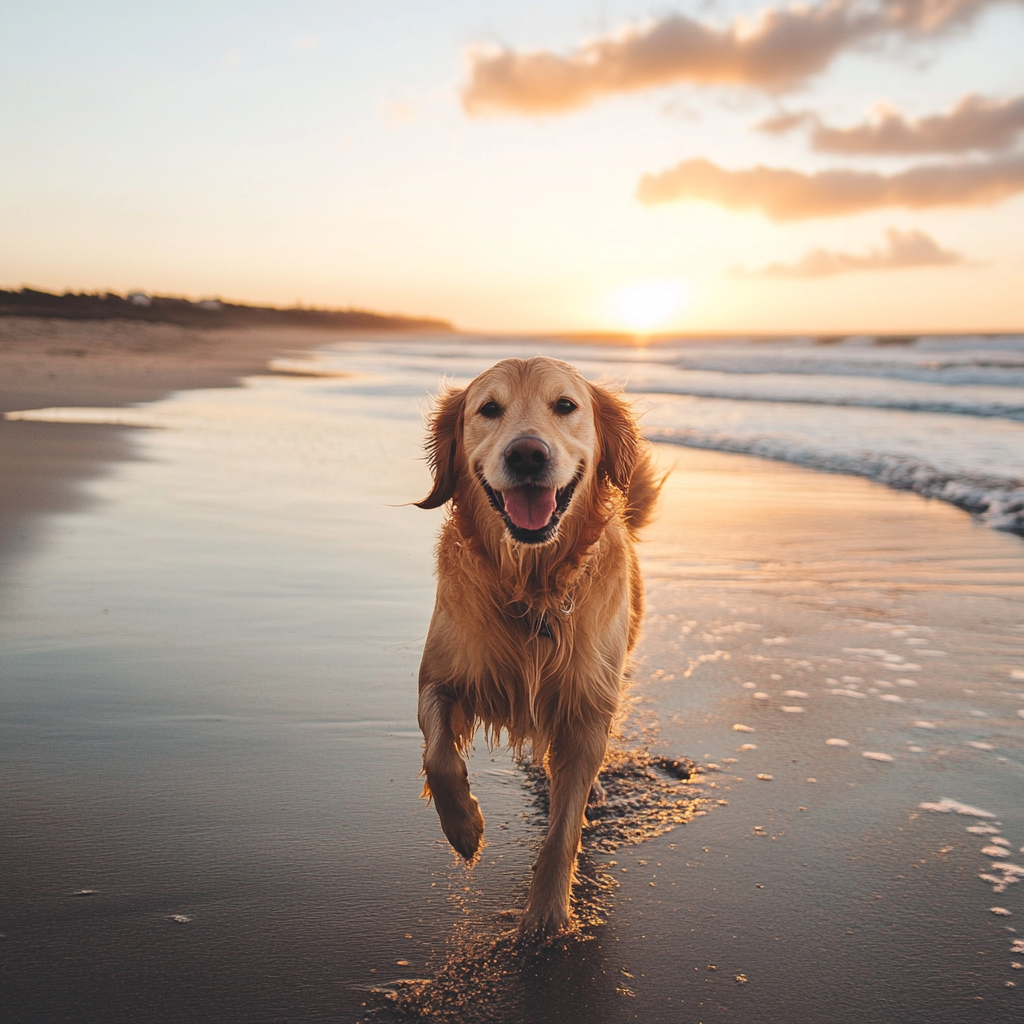 Dog playing on the beach at sunset